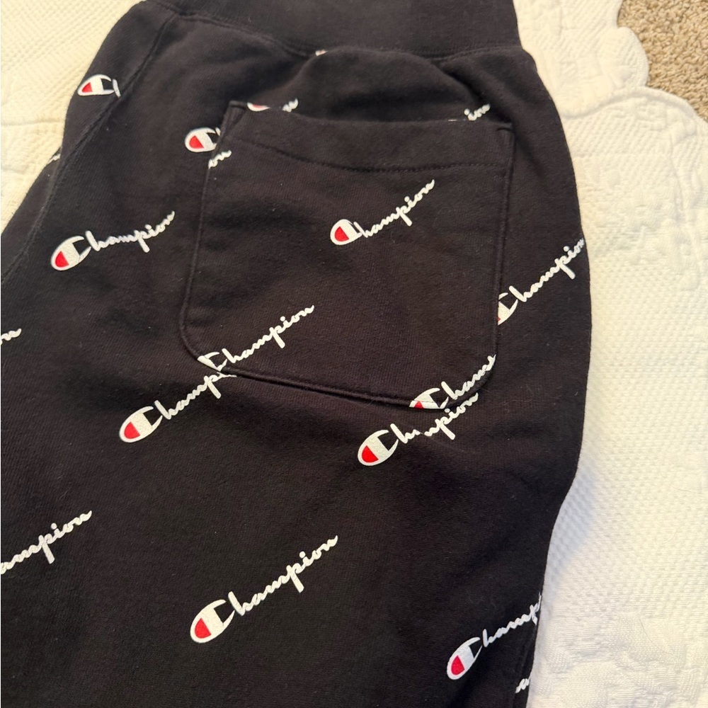 Champion Black Allover Logo Reverse Weave  with Red Accents